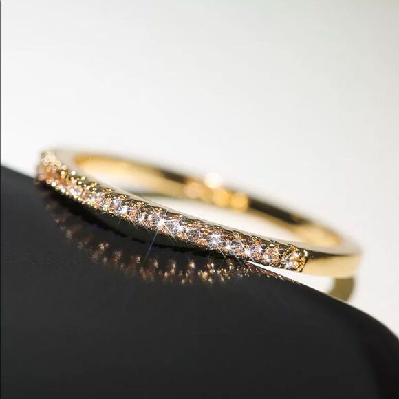NEW! 18K Yellow Gold Plated Inlaid Diamond Half Circle Stacking Eternity Band - Picture 2 of 11